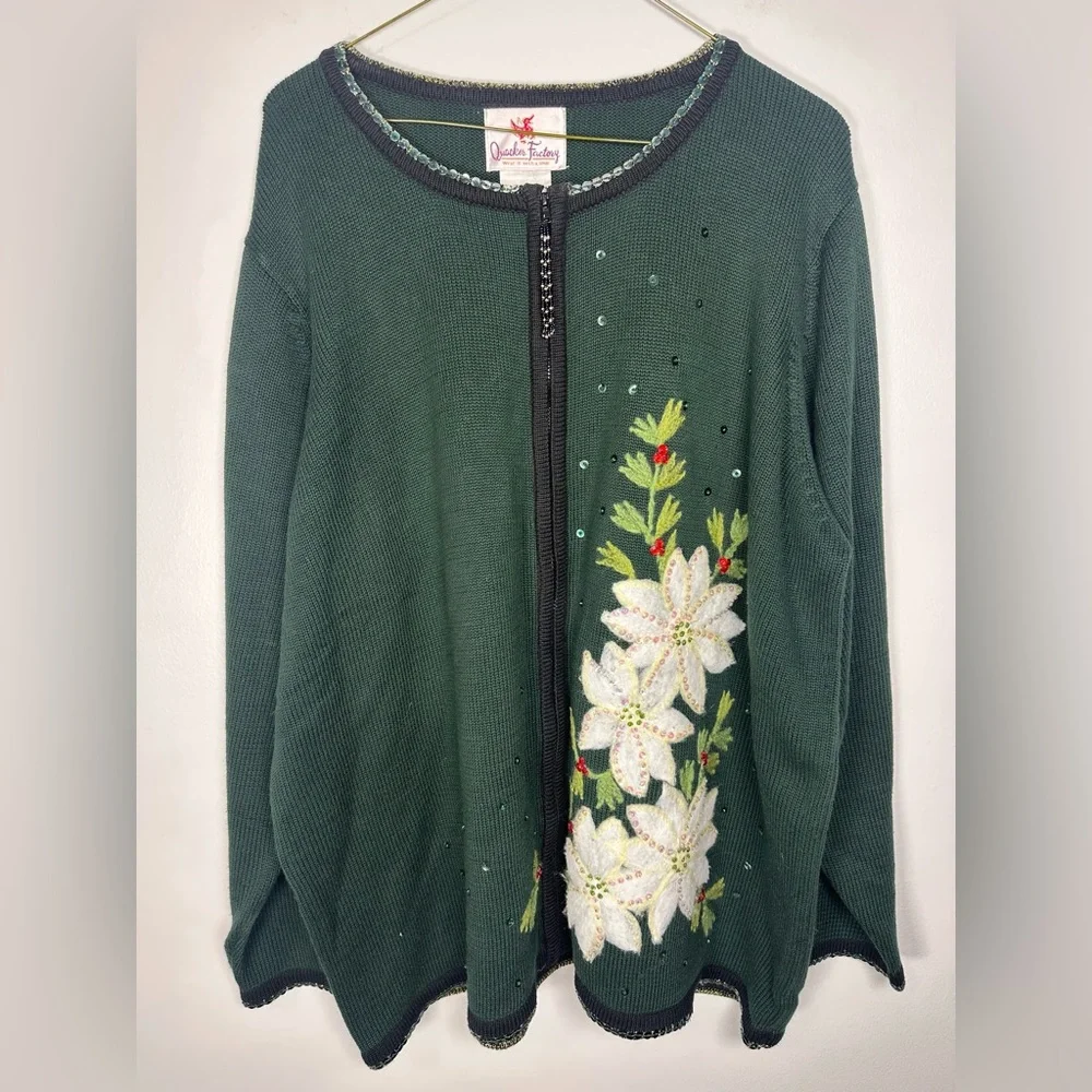 Quacker Factory Dark Green Pointsettia Zip Up Cardigan Sequins sz 3x Christmas